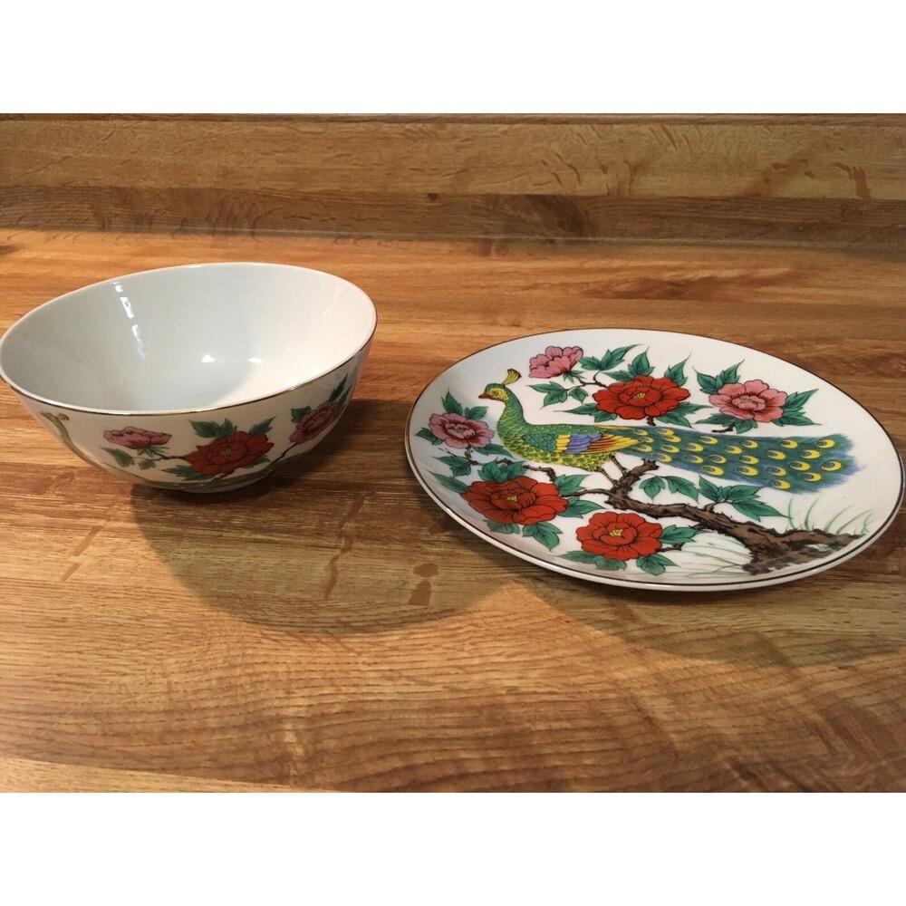 Vintage A Price Import Japan Porcelain Bowl and Plate Asian Peacock Theme